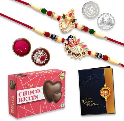 Rakhi Gift Combo With 2 Designer Rakhis For Brother  Ganesh  Peacock Theme With Choco Beats 2 Silver Coins Roli Chawal  Greeting Card Rakhi Gift Combo With 2 Designer Rakhis For Brother  Ganesh  Peacock Theme With Choco Beats 2 Silver Coins Roli Chawal  Greeting Card